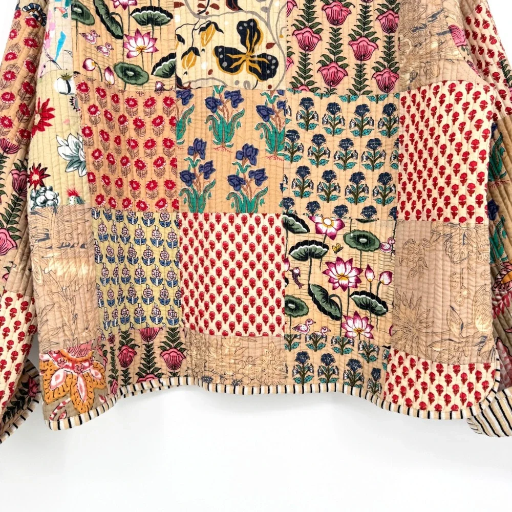 Reversible Quilted Patchwork Jacket Tan Multi Floral Kantha Style Button Front M - Picture 9 of 13